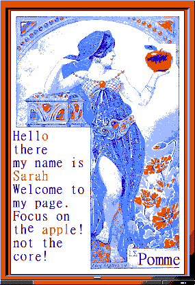 Hello there my name is Sarah welcome to my page. focus on the apple! not the core!